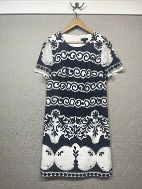 6 Tall J. Crew Navy and White Ornate Lace Sheath Dress